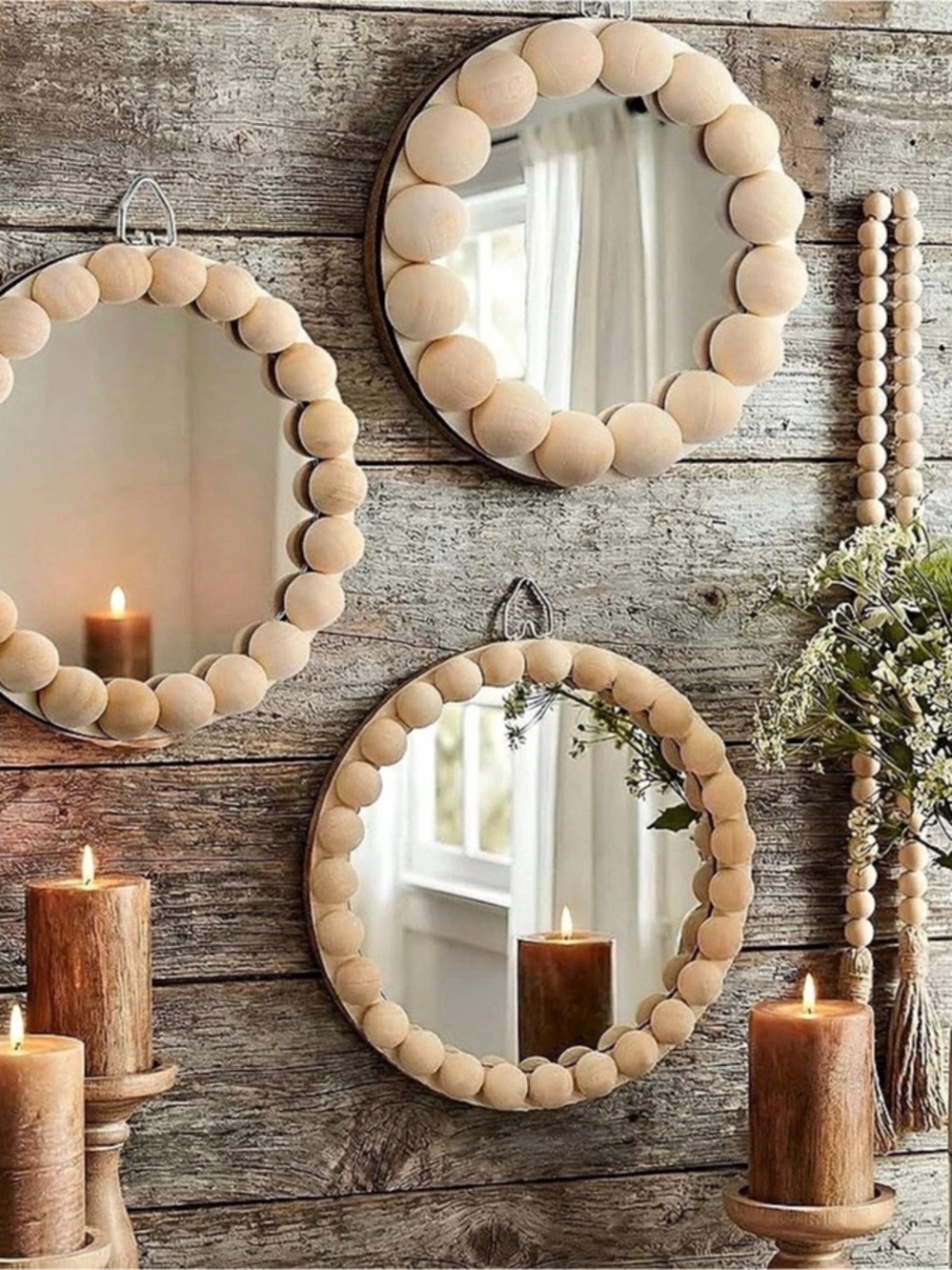 Novabright 3 Pcs Boho Mirror Wall Decor Natural Wood 5 Inch